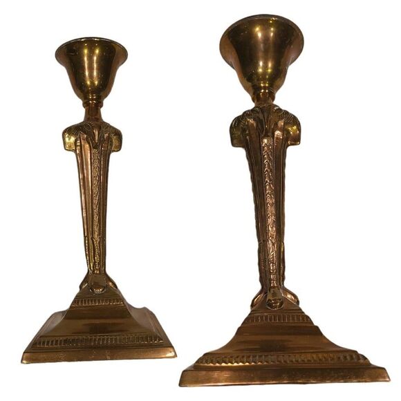 Mid 20th Century Hollywood Regency Brass Ram's Head Candle Holders Set of 2 EUC - Picture 2 of 11